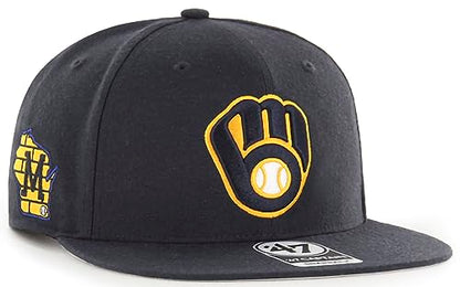 47 MLB Sure Shot Captain Hat Adjustable Structured 6-Panel Snapback Hat Cap, Adult One Size Fits All - color: Milwaukee Brewers