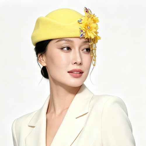 Women's Retro British Felt Headscarf Hat Church Derby Headdress with Floral Women's Soft Beret - color: 02 Lemon Yellow