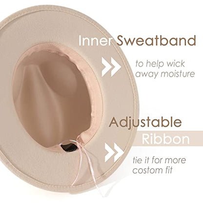 Lisianthus Women Classic Felt Fedora Wide Brim Hat with Belt Buckle - color: R Brown Belt-creamy