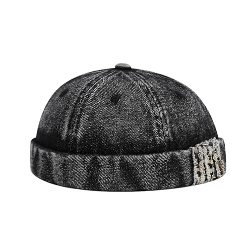 Unisex Washed Denim Distressed Rolled Cuff Brimless Docker Cap - color: Black