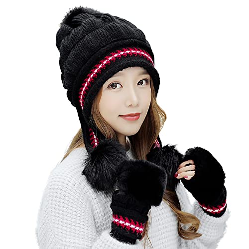 Bellady Women Knit Beanie Winter Ski Hat Cap with Earflap Pom Glove Set - color: Black