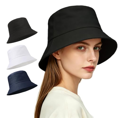 Unisex 3-Pack UV Packable Summer Bucket Sun Hats for Outdoor Activities - color: 3 Black/White/Navy Blue