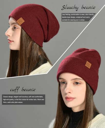 jaxmonoy Slouchy Knit Beanies Winter Hats for Women Men Soft Warm Reversible Slouch Cuffed Skull Knitted Beanie Cap - color: Wine Red