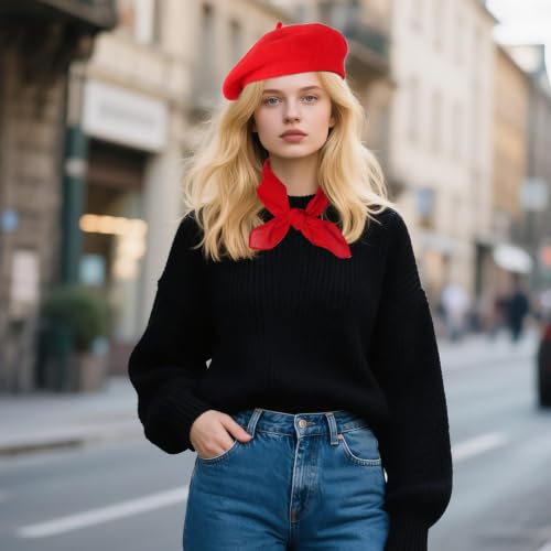 Classic Beret Hats for Women French Beret Hats Costume Accessories Painter Artist Cap with Scarf - color: Red