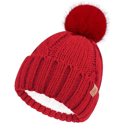 FZ FANTASTIC ZONE Womens Pom Pom Winter Warm Beanie Hat Cap Fleece Lined - color: Red