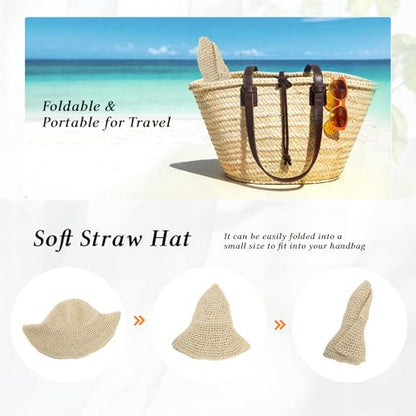 Womens Wide Brim Straw Sun Hat, Floppy Summer Straw Beach Hats, Foldable Crochet Summer Travel Beach Sun Cap - color: Beige