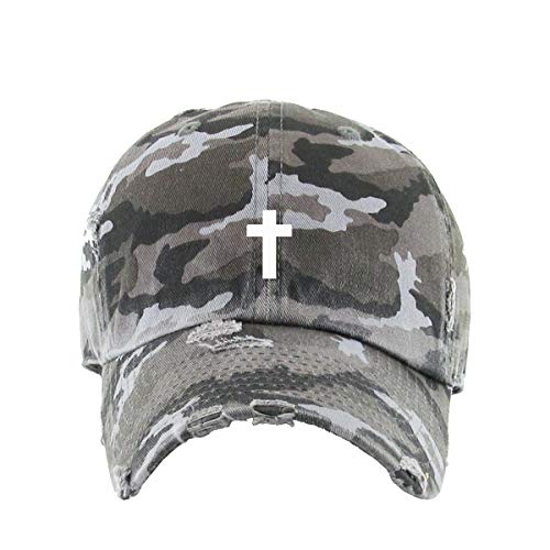 Cross Vintage Baseball Cap Embroidered Cotton Adjustable Distressed Dad Hat - color: Gray Camo