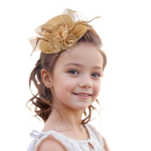 Zinniday Girls Tea Party Hats - Turmeric Mini Derby Fascinators with Hair Clip Veil 2026 Feather Kentucky Hat Yellow Small Victoria Fascinator for Little Girl Church Renaissance Masquerade Dress Up - color: Turmeric