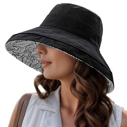 Wide Brim Sun Hats for Women UV Protection Reversible Bucket Hat Foldable Beach Hats Summer Hat for Garden Travel - color: Black-leaf