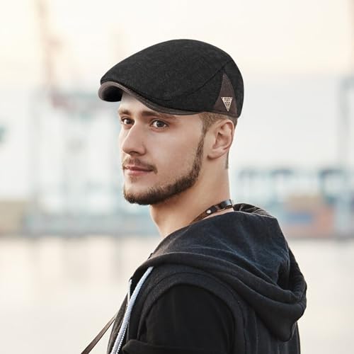 meioro Men's Cotton Newsboy Hat Adjustable Tweed Flat Cap for Men - color: Black