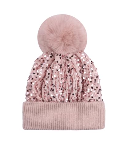 Women Sparkly Sequins Knitted Beanie Hat Warm Winter Skull Cap with Faux Fur Pom Pom - color: X Pink With Knit Cuffs