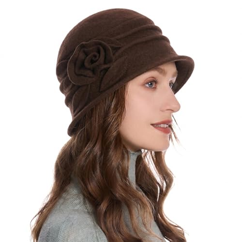 ZLYC Women Wool Cloche Bucket Hat 1920s Vintage Winter Hat with Flower - color: Floral Coffee