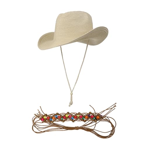 Unisex Straw Cowboy Hat Wide Brim Western Sun Hat Adjustable Beach Cowgirl Hat for Summer Outdoor Sun Protection - color: Beige,woven Strap