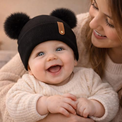 Toddler Winter Beanie Hats 3 Pack – Double Pom Pom Soft Knitted Hats for Baby Boys Girls 6–36 Months - color: Dark Grey+beige+black