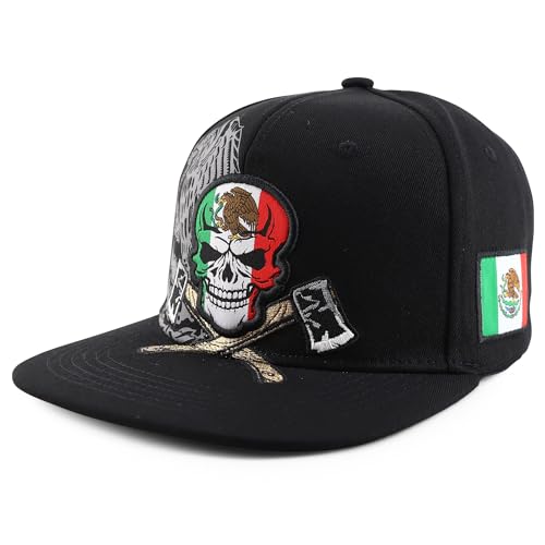Trendy Apparel Shop Mexico Eagle Skull Head with Cross Axe Embroidered Snapback Cap - color: Black Black