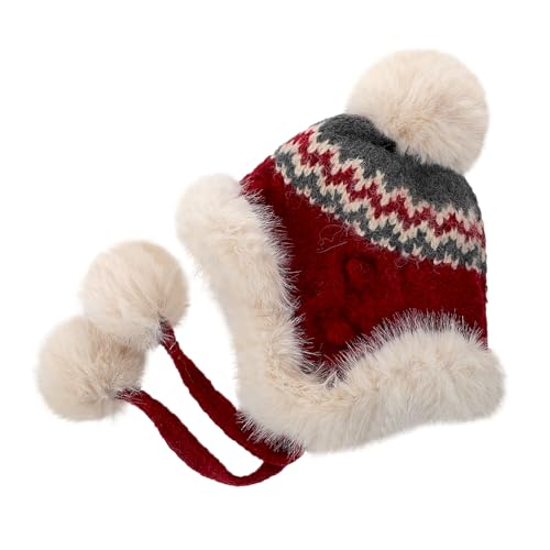 Women Winter Warm Knit Beanie Earflap Hat with Pompom Plush Lined Russian Ushanka Trapper Hat Thermal Windproof Ski Snow Cap - color: Red
