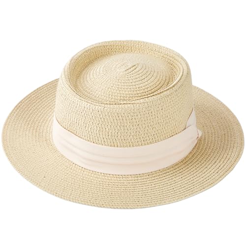 Womens Summer Straw Sun Hat Wide Brim Beach Hat with Wind Lanyard - color: Beige With Beige Band