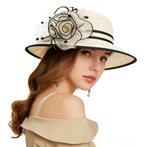 Women's Kentucky Derby Church Dress Hat Wide Brim Leaf Flower Bridal Shower Hat - color: R7 Beige,black Edge