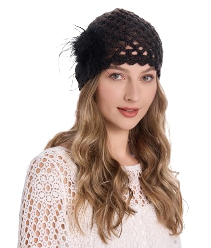ZLYC Women Crochet Beanie Hat Summer Handmade Knit Decorated Skull Cap - color: Feather Black Mixed Brown Black