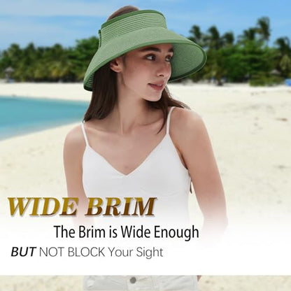 Women's Sun Visor Hats Wide Brim Straw Beach Hat Ponytail Hats for Women Foldable Floppy - color: 1pack-green