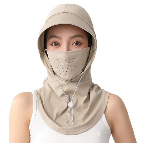 3-in-1 Cooling Breathable Balaclava Face Mask with Nose Mesh Sun UV Protection Hood Full Head Cover Women Outdoor - color: Khaki