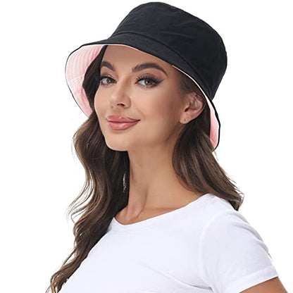 Women Reversible Bucket Hat, Summer Sun Hat for Women - color: Black- Pink