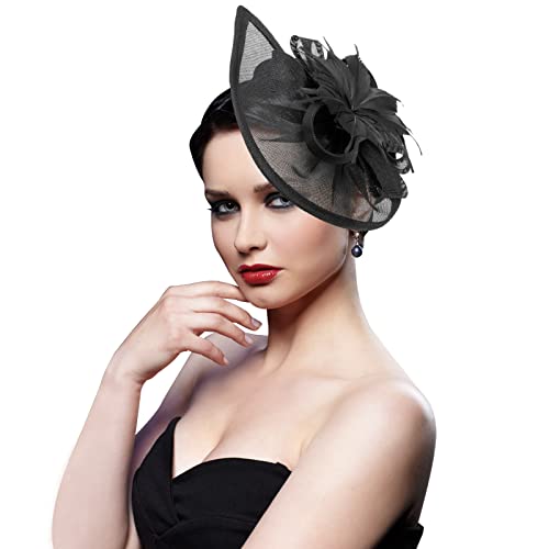 AQOKKA Women Fascinators Hats Flower Fascinators with Headband and Clip Tea Party Headwear for Women and Girls - color: Black Feather Flower a