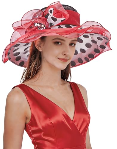 Z&X Organza Church Fascinator Wedding Tea Party Derby Hats for Women Flower Wide Brim Sun Hats - color: 05a Red