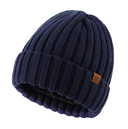 Home Prefer Mens Winter Hat Wool Fleece Lined Knit Beanie Hat Warm Stocking Caps - color: Navy Blue