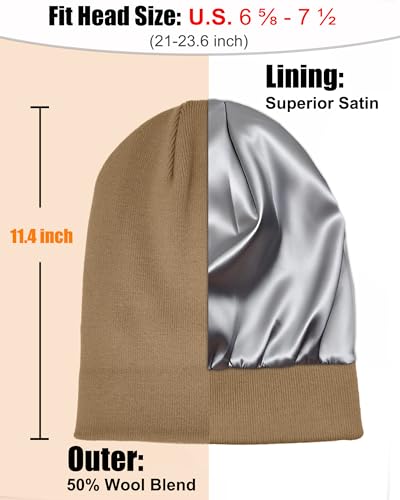 ROYBENS Satin Lined Beanie Hat for Women Men, Wool Knit Cuffed Winter Hats - color: 1pcs Light Coffee