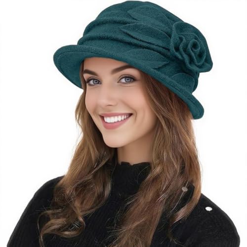 Wool Cloche Bucket Hat for Women 1920s Floral Bowler Cap Elegant Church Dress Cap Winter Warm Fedora Hat - color: Green