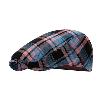 Classic Ivy Flat Plaid Newsboy Cap Adjustable Cotton Gatsby Cabbie Hat for Women Men - color: Black