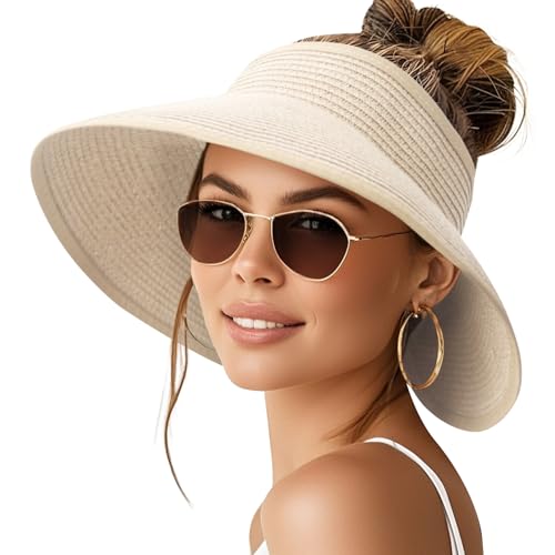 NPQQUAN Sun Visor Hats for Women Wide Brim Ponytail Straw Beach Hat - color: (Beige))