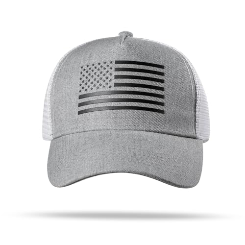 American Flag Trucker Hat - Snapback Hat, Baseball Cap for Men Women - Breathable Mesh Side, Adjustable Fit - for Casual Wear - color: Heather Gray/White