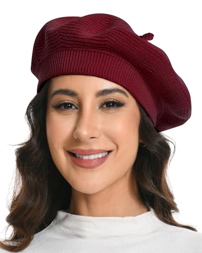 Cotton Knitted Women Beret Hat, French Style Solid Color Beret, Winter Autumn Warm and Soft Beanie Hat - color: Wine Red
