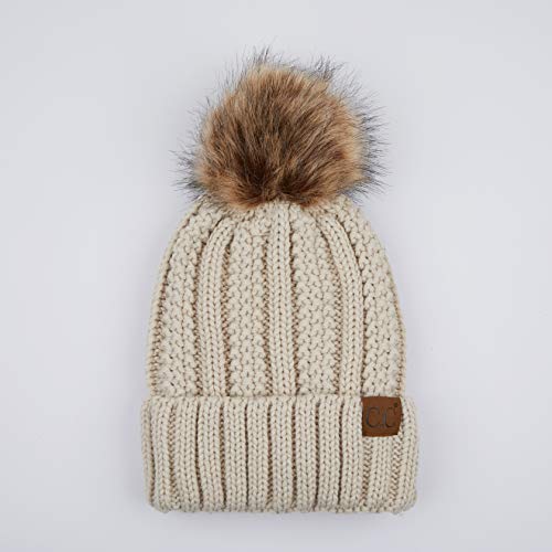 C.C Exclusives Fuzzy Lined Knit Fur Pom Beanie Hat (YJ-820) - color: Beige