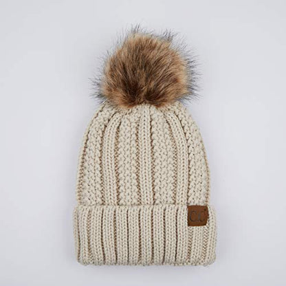 C.C Exclusives Fuzzy Lined Knit Fur Pom Beanie Hat (YJ-820) - color: Beige