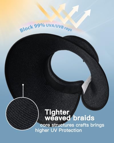FURTALK Womens Sun Hat with Ponytail Hole Wide Brim Beach Straw Visor - color: Black