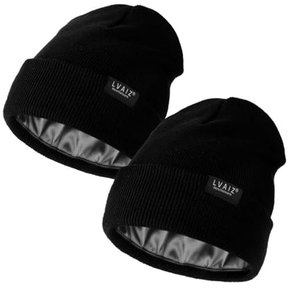2 Pack Satin Lined Beanies for Men and Women Warm Cuffed Winter Hats - color: Black+black