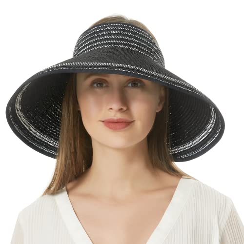 Women Sun Visors Foldable Straw Hats Summer Beach Packable Hat Floppy Wide Brim Cap Deep Style, Adjustable Size - color: Black 2