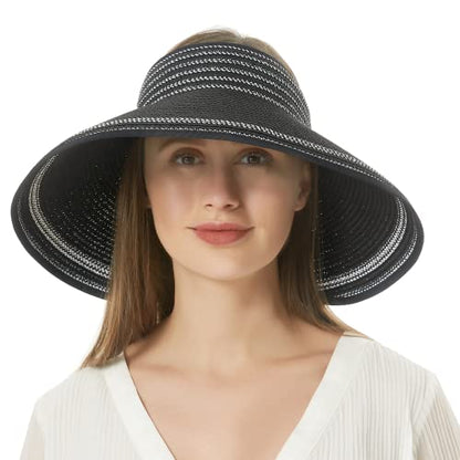 Women Sun Visors Foldable Straw Hats Summer Beach Packable Hat Floppy Wide Brim Cap Deep Style, Adjustable Size - color: Black 2