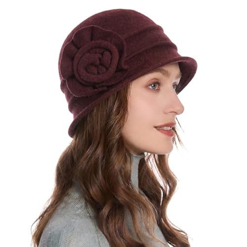 ZLYC Women Wool Cloche Bucket Hat 1920s Vintage Winter Hat with Flower - color: Floral Burgundy