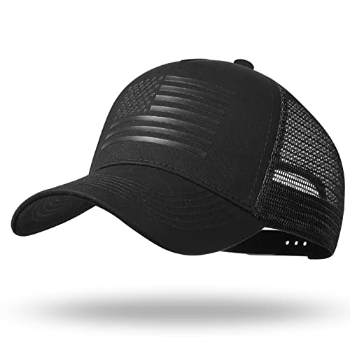 American Flag Trucker Hat - Snapback Hat, Baseball Cap for Men Women - Breathable Mesh Side, Adjustable Fit - for Casual Wear - color: Black/Black