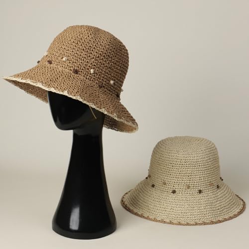 Women Straw Sun Hat Summer Beach Hats Foldable Floppy Cap Wide Brim Bucket Hat Solid Handmade Sun Protection Caps - color: Dot-khaki
