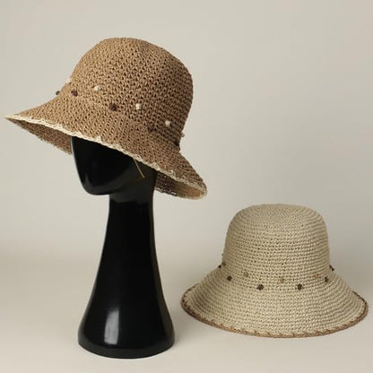 Women Straw Sun Hat Summer Beach Hats Foldable Floppy Cap Wide Brim Bucket Hat Solid Handmade Sun Protection Caps - color: Dot-khaki
