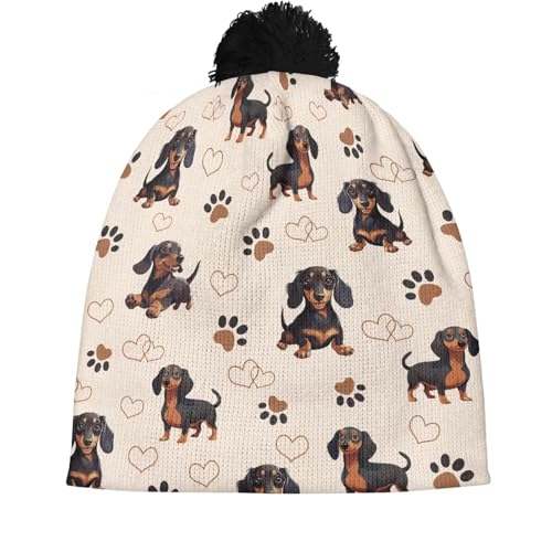 Cute Winter Hats for Women Cold Weather Knit Beanies for Women with Pom Pom - color: Dachshund With Paw Print