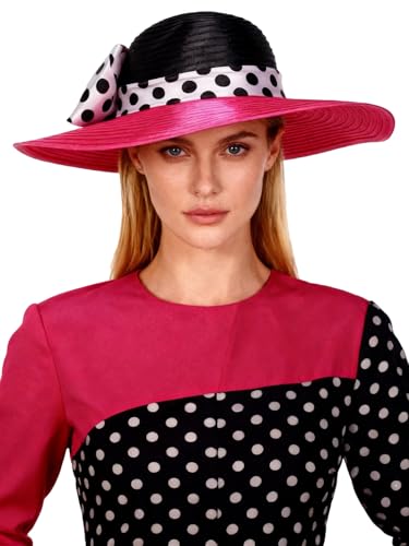 Women Wide Brim Rose Black Patchwork Kentucky Hat for Wedding Party Hat Big Bowknot Polka Dots Fedora Hats - color: Rose