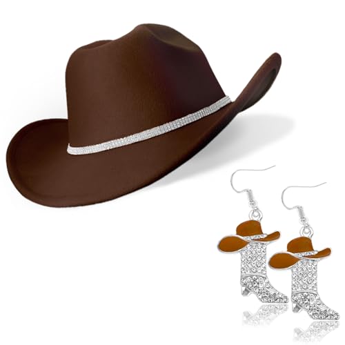 Cowboy Hat Rhinestone Cowgirl Boots Earrings Set Western Earring Felt Fedora Jazz Hat Rodeo Outfit for Women Size M - color: Brown