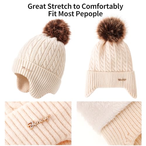 Winter Hat Scarf Gloves Set for Women, Classic Cable Beanie with Removable Pom Pom Long Scarf Touchscreen Gloves 3 in 1 Set - color: White Mix