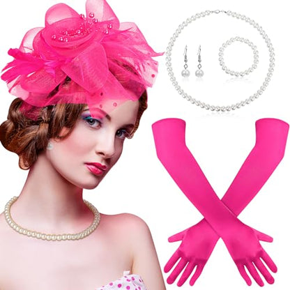 Yaomiao 5 Pcs 1920s Tea Party Accessories Fascinator Hat Gloves - color: Rose Red